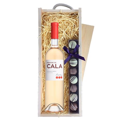 Domaine de Cala Prestige Rose Wine 70cl & Heart Truffles, Wooden Box